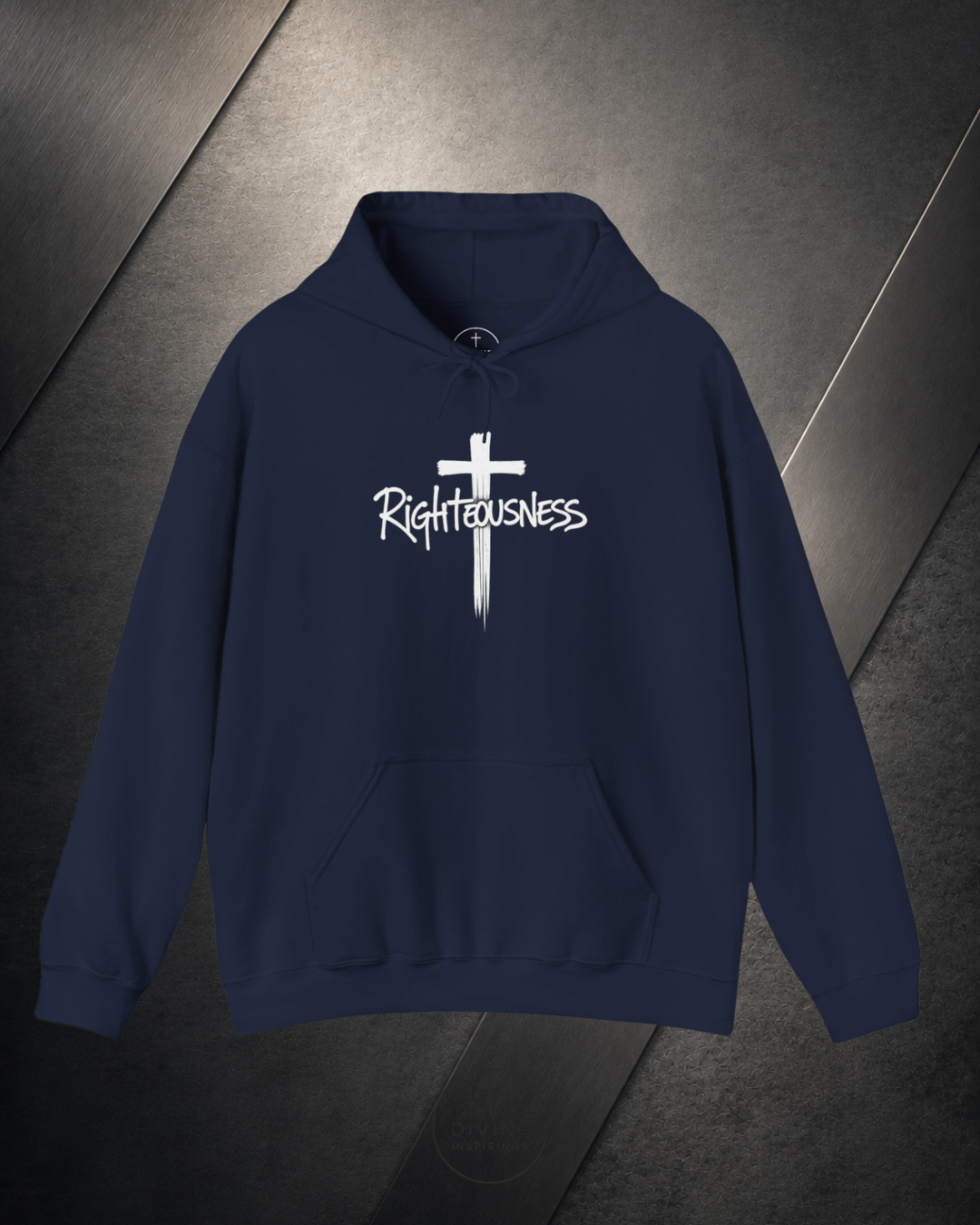 Navy blue hoodie with 'Righteousness' text and cross design on a dark textured background