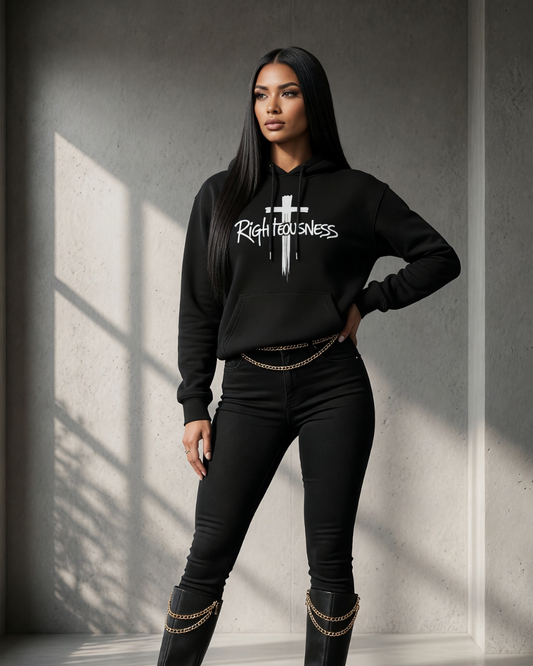 Person wearing a black hoodie with 'Righteousness' text and cross symbol, standing against a gray wall.