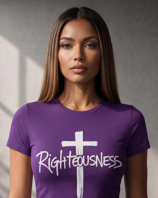 Woman wearing a purple t-shirt with a white cross and the word 'Righteousness' on a gray background