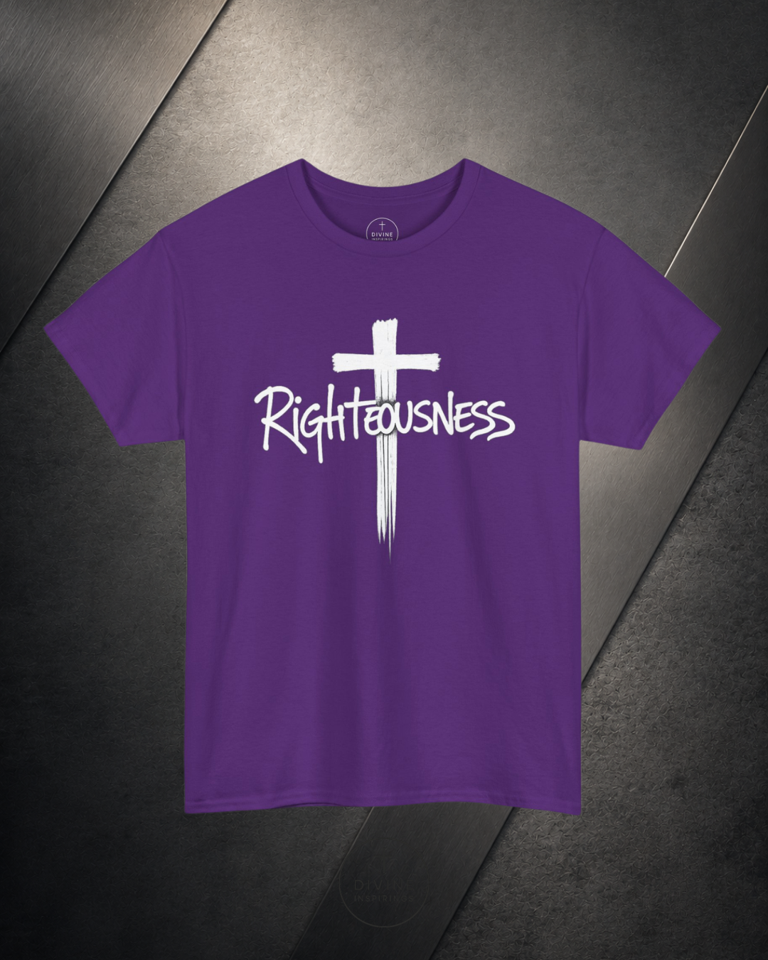 Purple t-shirt with a white cross and 'Righteousness' text on a dark surface