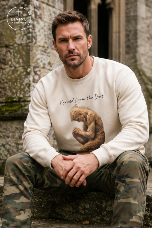 A man wearing a cream-colored crewneck sweatshirt with a graphic print of a muscular figure and the text 'Formed from the Dust', paired with camouflage pants, sitting outdoors against a stone wall. The Divine Inspirings logo is visible in the top left corner.