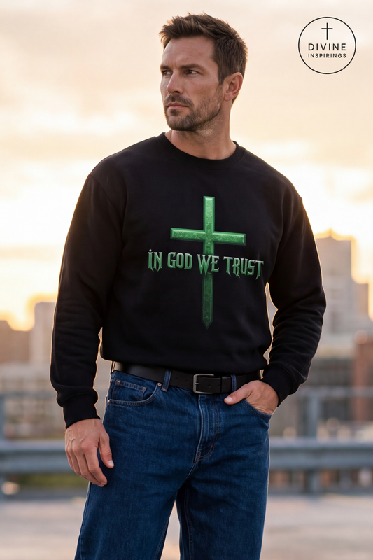 A man wearing a black crewneck sweatshirt with a green cross and the text 'IN GOD WE TRUST' printed on the front, paired with blue jeans, standing outdoors against a warm sunset sky.