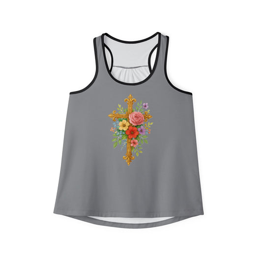 Floral Cross Women’s Christian Tank Top in Grey – Beauty in the Power of the Cross