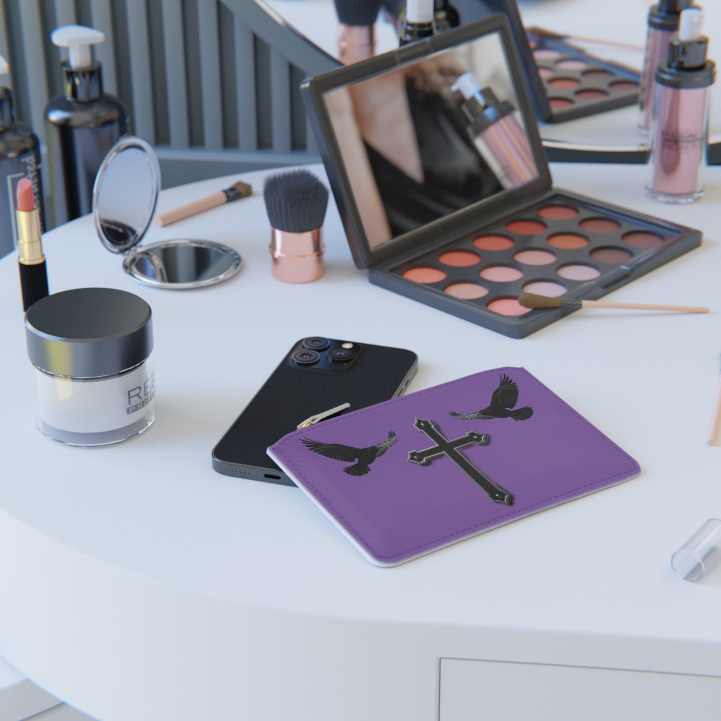 “Shadowed Faith” | Women’s Mini Clutch in Mauve – Black Cross with Flanking Crows