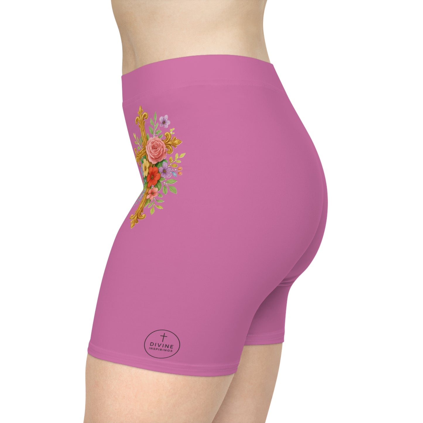 Floral Cross Women’s Biking Shorts in Pink – Beauty and Strength in the Cross