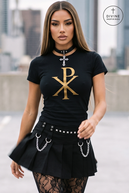 A woman wearing a black short-sleeve t-shirt with a large gold Chi-Rho monogram on the front, paired with a black pleated mini skirt and silver chain accessories. The background is a blurred cityscape, and a 'DIVINE INSPIRINGS' logo is visible in the top right corner.