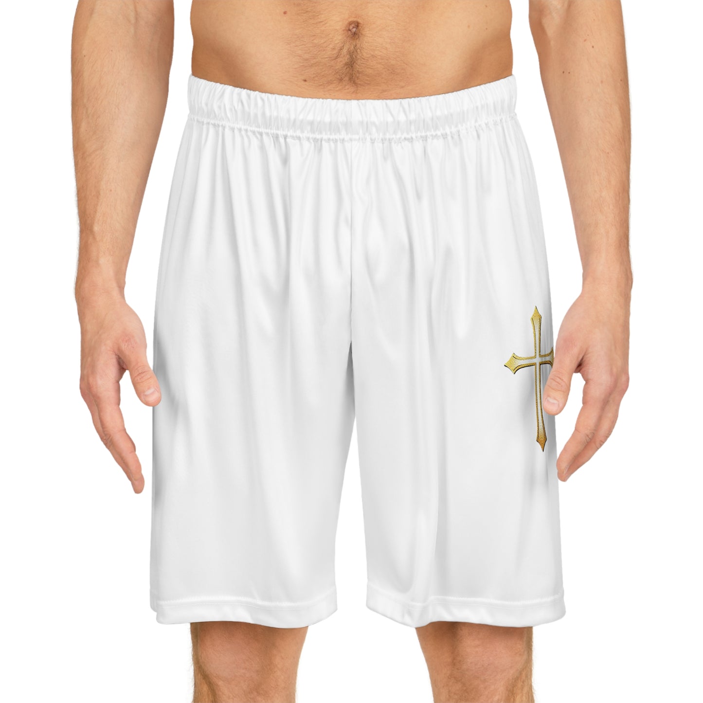 Men’s Modern Gold Cross Basketball Shorts – Sleek Faith-Inspired Design