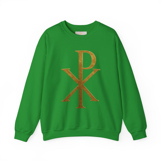 Men’s “Christ Victorious” Sweatshirt – Gold Chi Rho Emblem of Eternal Triumph