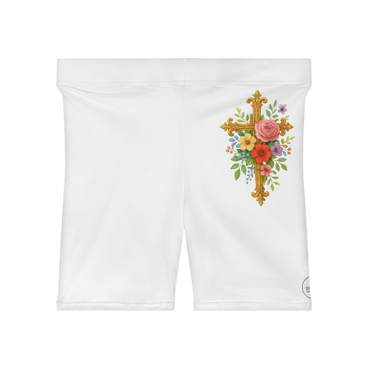 Floral Cross Women’s Biking Shorts – Beauty and Strength in the Cross