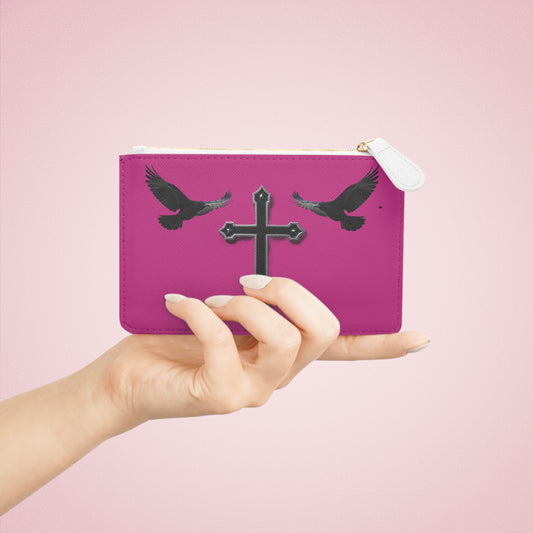 “Shadowed Faith” | Women’s Mini Clutch in Fuchsia – Black Cross with Flanking Crows