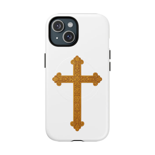 Gold Cross on White Magnetic Tough Case for iPhone – Strength in Faith