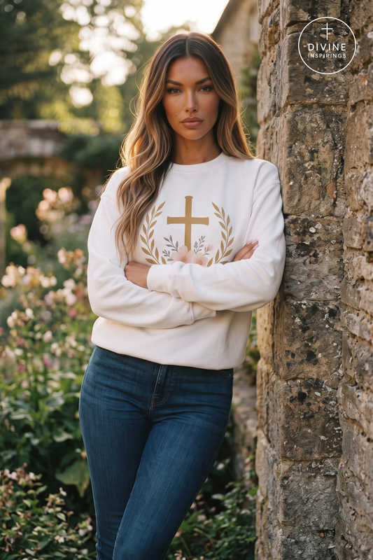 A woman wearing a cream-colored crewneck sweatshirt with a gold cross and laurel wreath graphic, paired with dark blue jeans, leaning against a rustic stone wall in an outdoor garden setting.