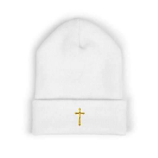 Golden Grace Cuffed Beanie – Embroidered Cross