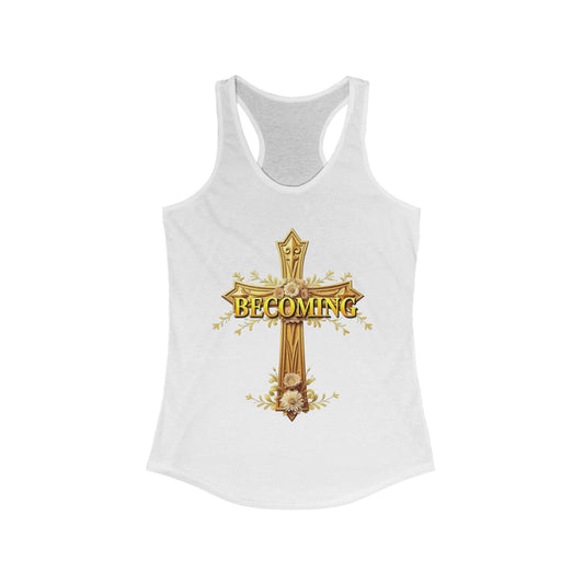 Becoming Women’s Racerback Tank – Gold Cross Edition (1 Corinthians 15:49)