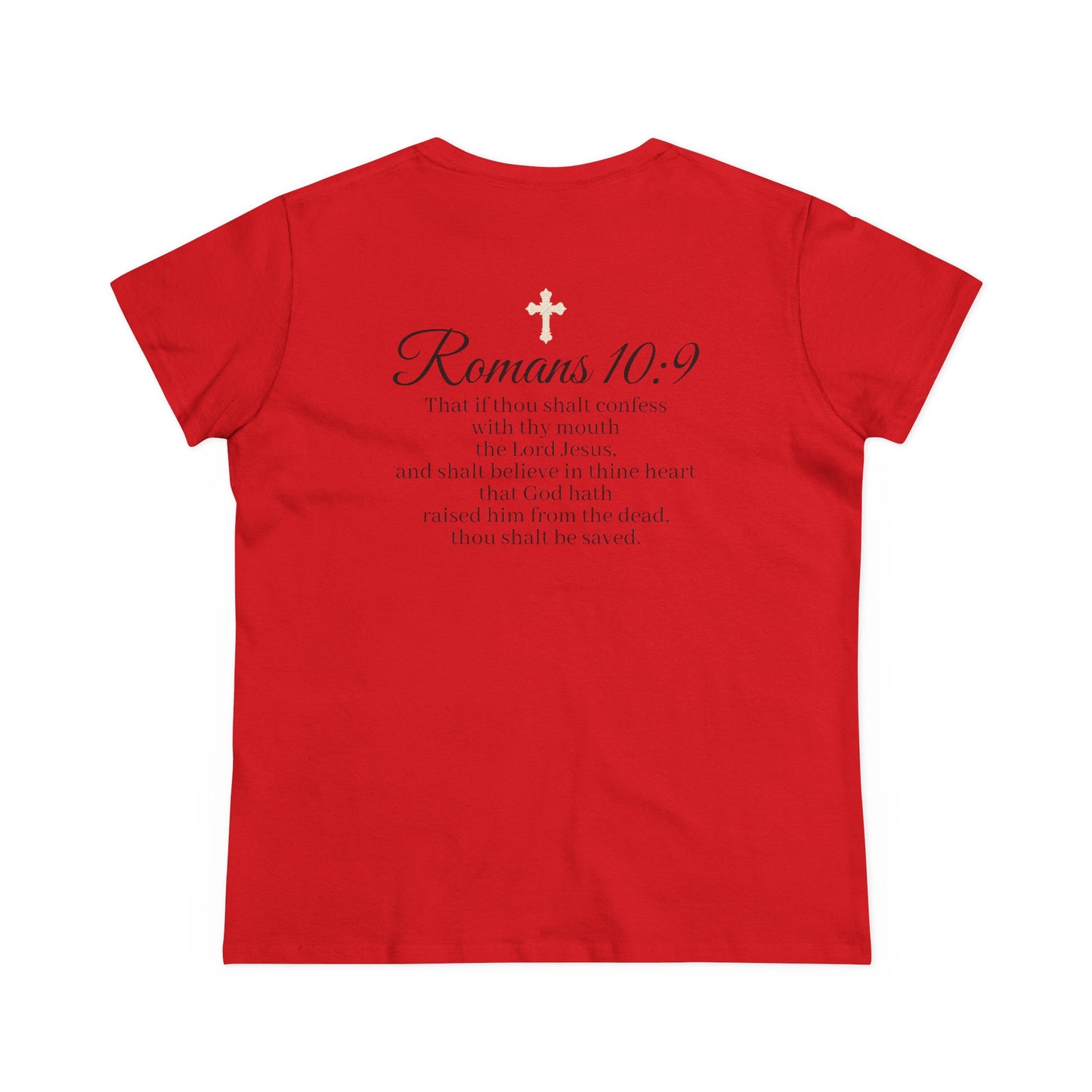 Believe – Women’s Christian Tee with Praying Hands & Romans 10:9