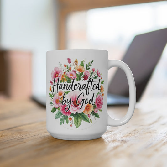 'Handcrafted By God' Floral Christian Mug – 11oz & 15oz Ceramic Faith Gift