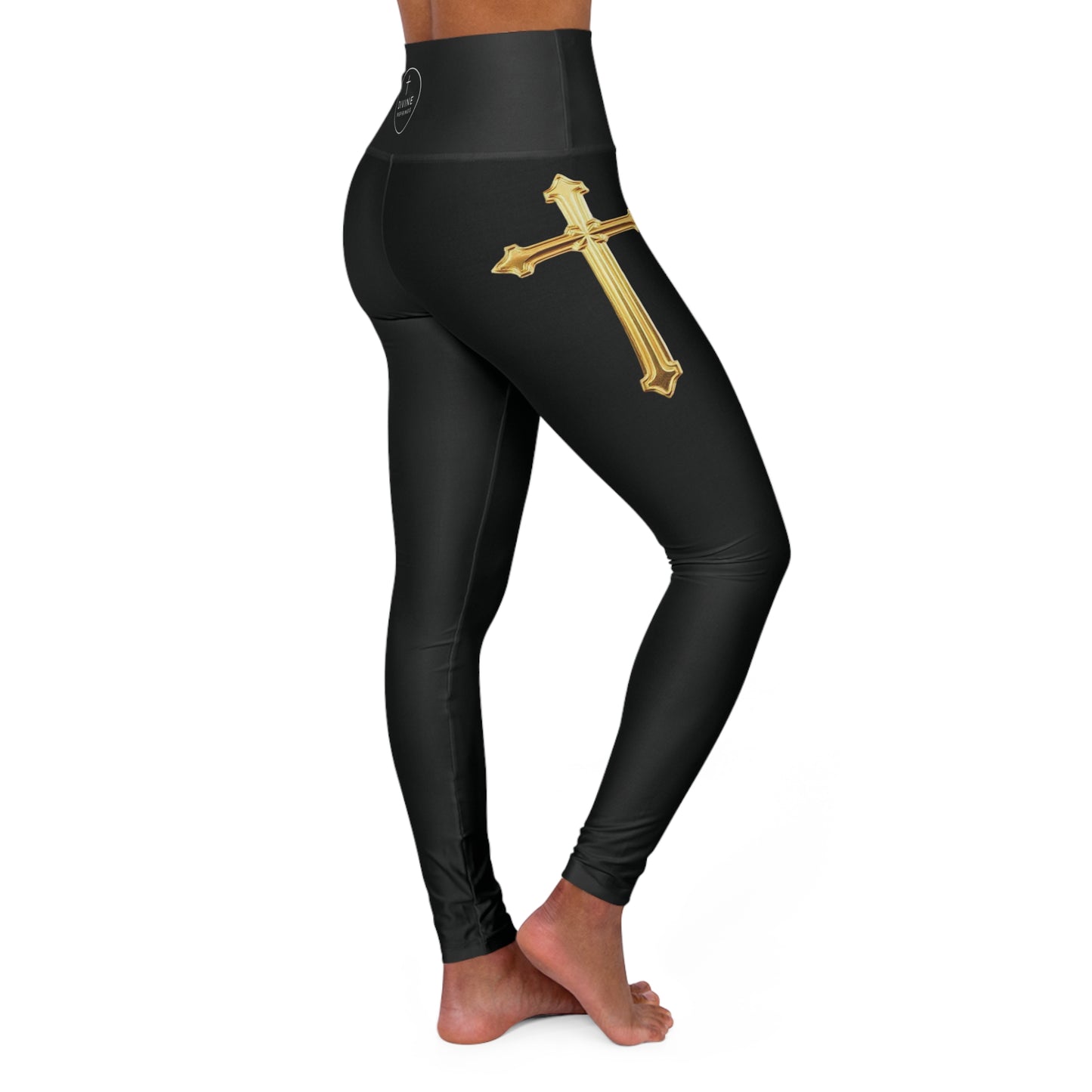 Gold Cross Women’s High-Waisted Yoga Leggings in Black – Symbol of Eternal Victory