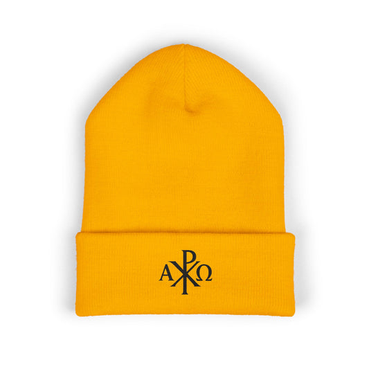 Eternal Light Cuffed Beanie – Black Chi Rho with Alpha & Omega