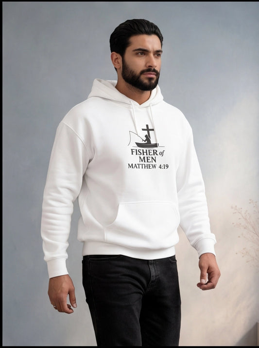 Man wearing a white hoodie with a religious text design on a gray background