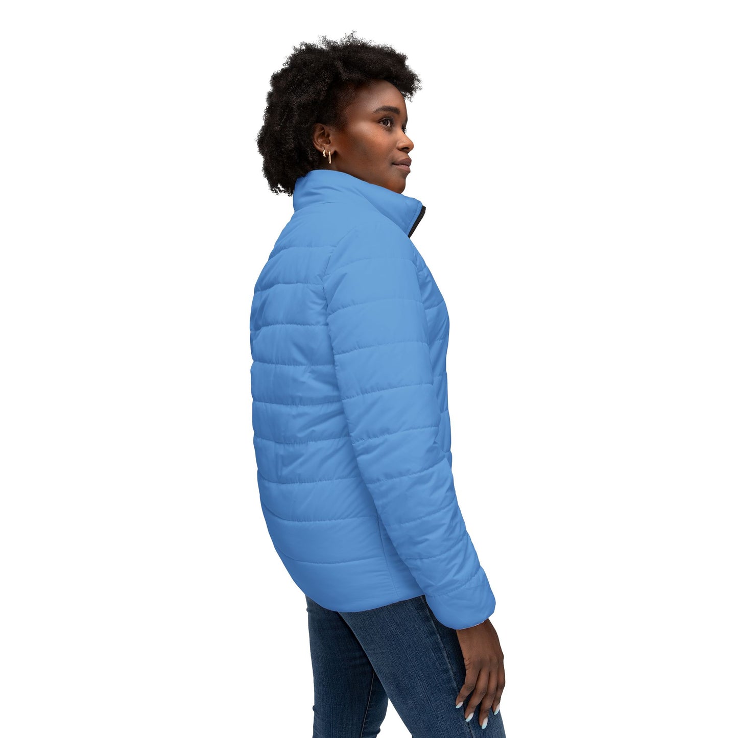 Blooming Faith Women’s Puffer Jacket in Blue – Floral Cross Crest