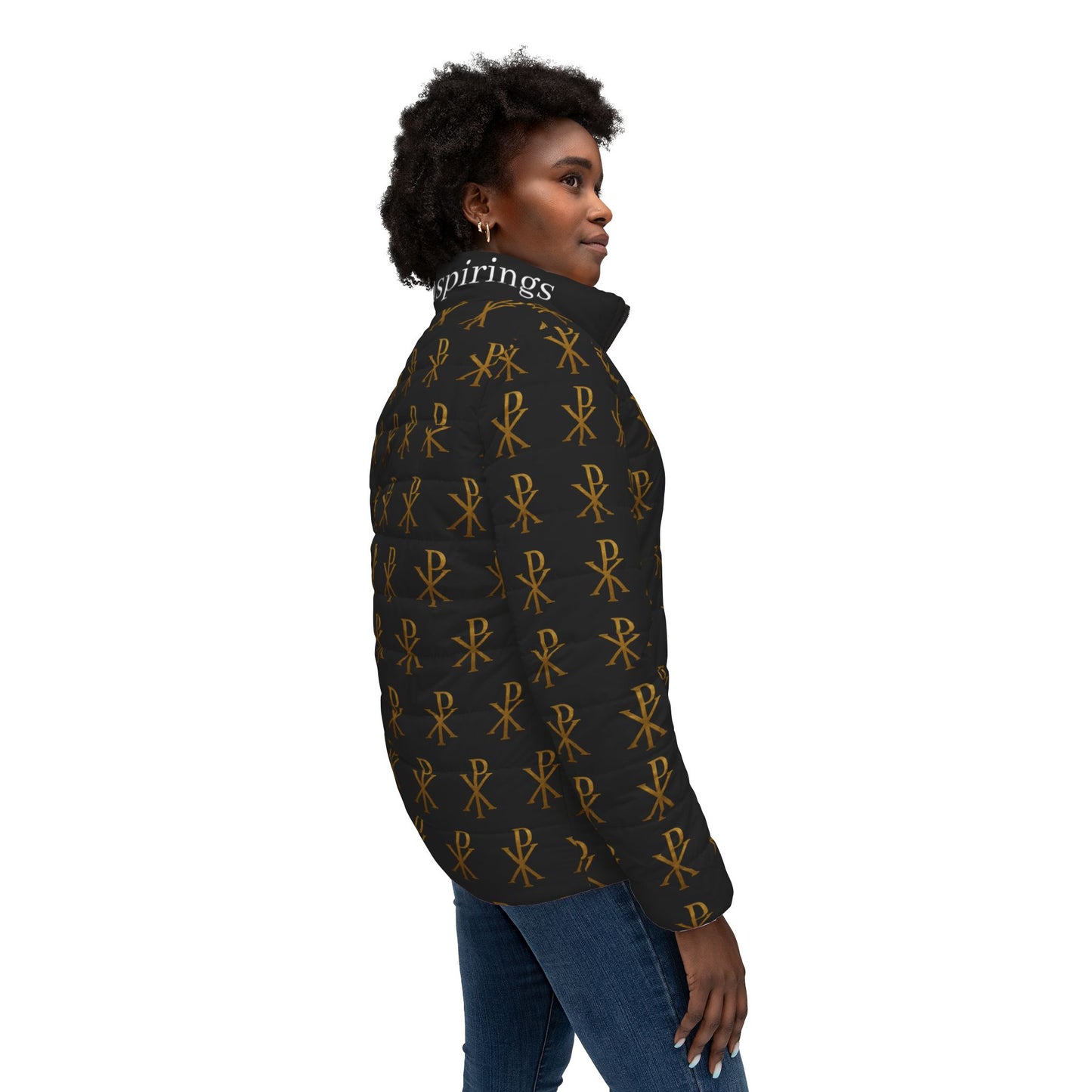 Radiant Victory Women’s Puffer Jacket in Black – Gold Chi Rho Pattern