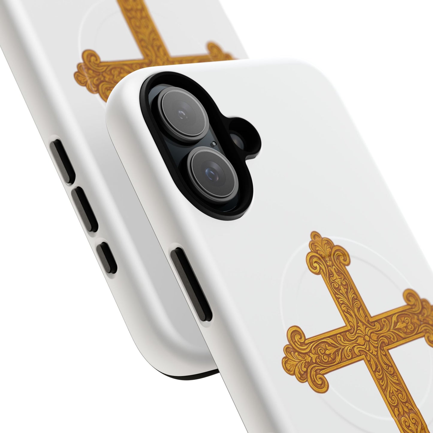 Gold Cross on White Magnetic Tough Case for iPhone – Strength in Faith