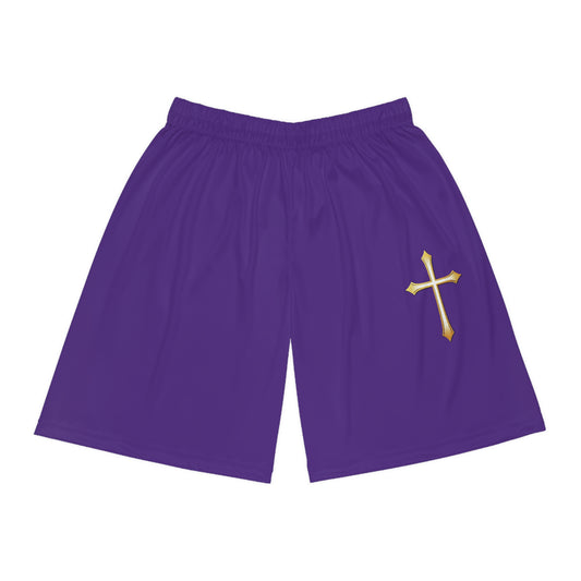 Men’s Modern Gold Cross Basketball Shorts in Purple – Sleek Faith-Inspired Design