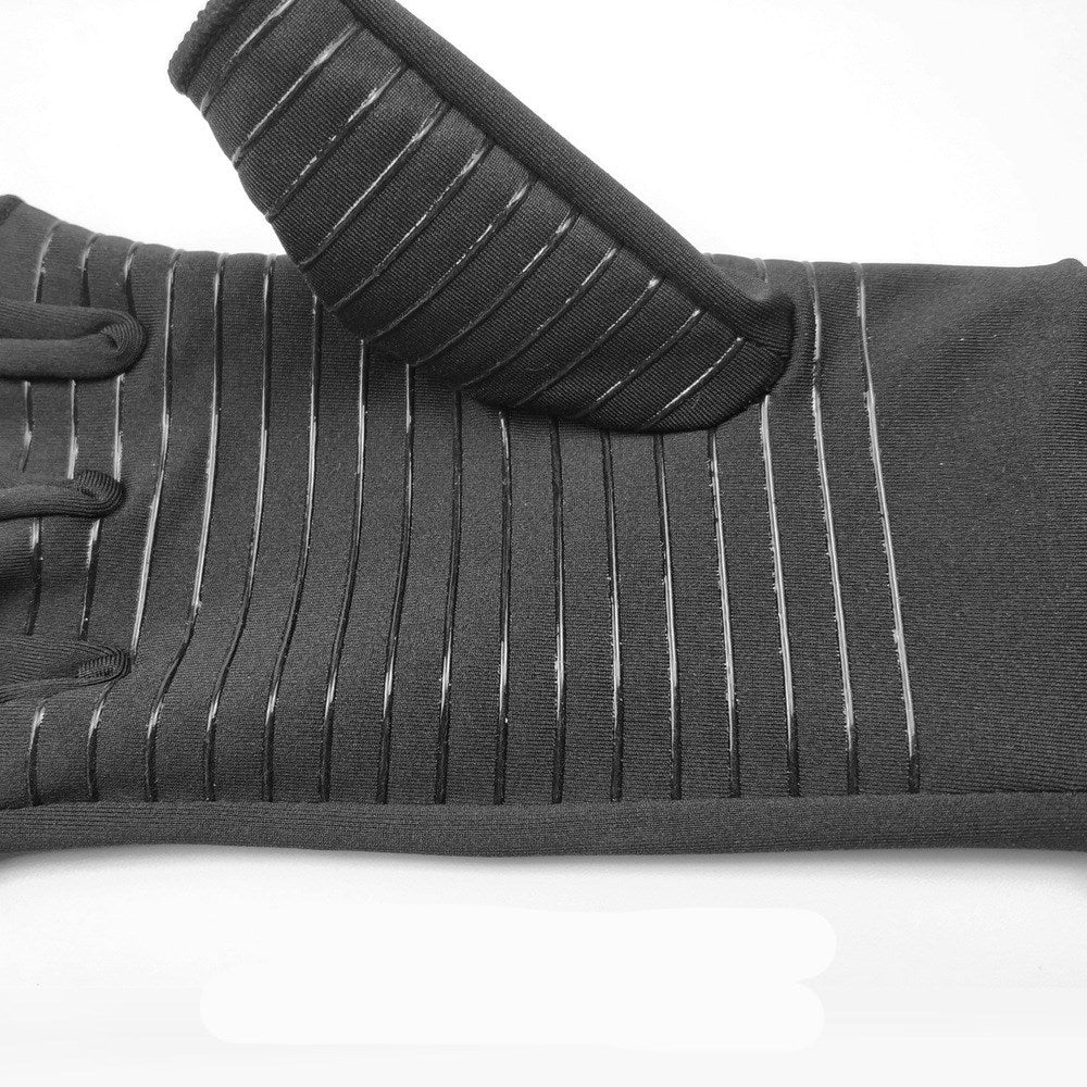 Black glove with textured palm and wrist on a white background