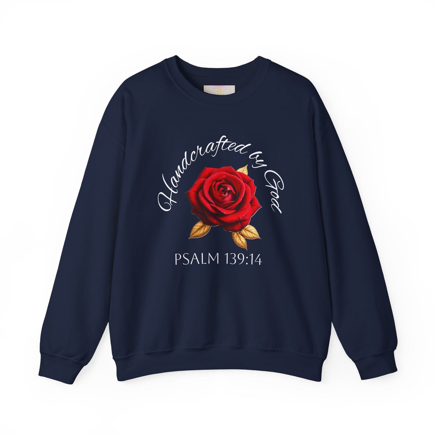 Handcrafted by God Rose Sweatshirt – White Lettering, Psalm 139:14
