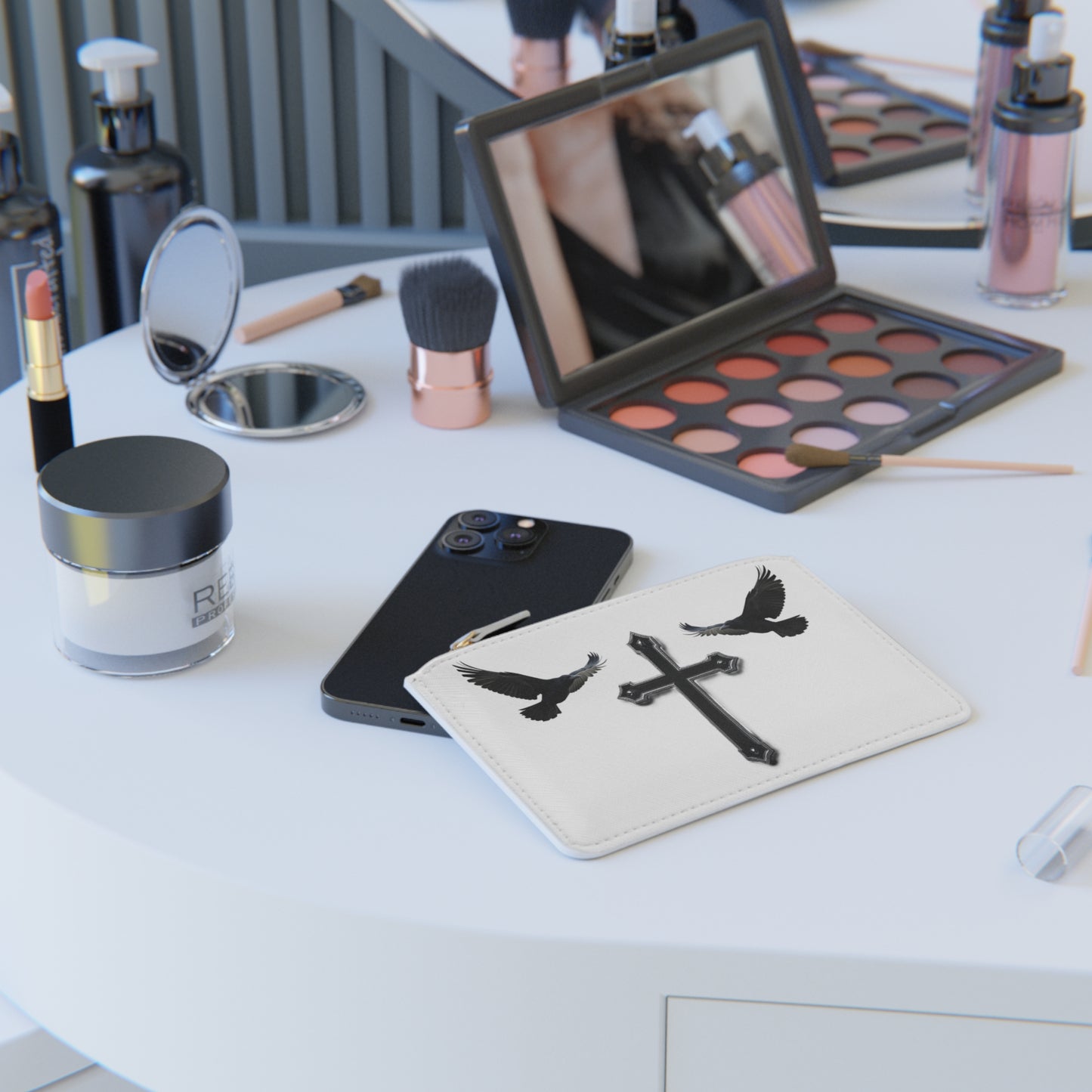 “Shadowed Faith” | Women’s Mini Clutch – Black Cross with Flanking Crows