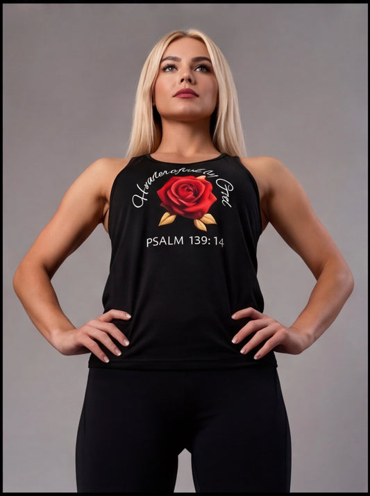 Woman wearing a black tank top with a red rose design and text on a gray background