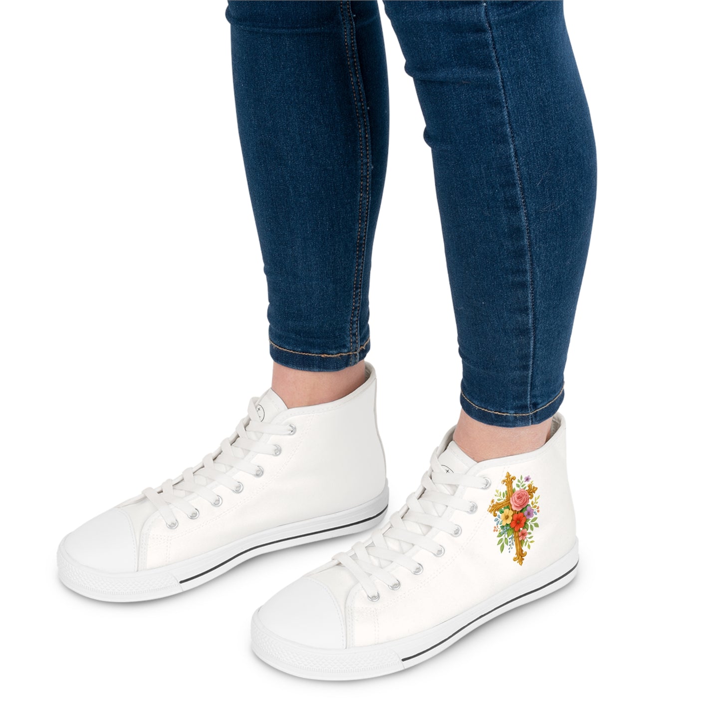 Faith in Bloom – Women’s White High-Top Sneakers with Floral Cross