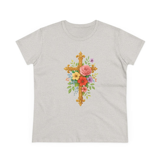 Radiant Floral Cross Women’s T-Shirt – Faith & Beauty in Bloom