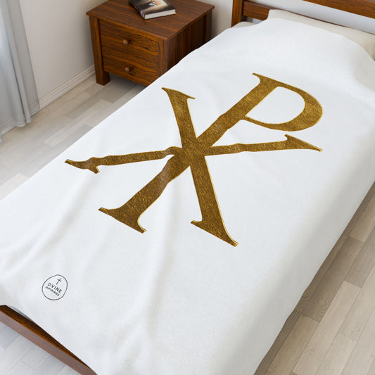 Radiant Faith Plush Blanket – Gold Chi Rho on White
