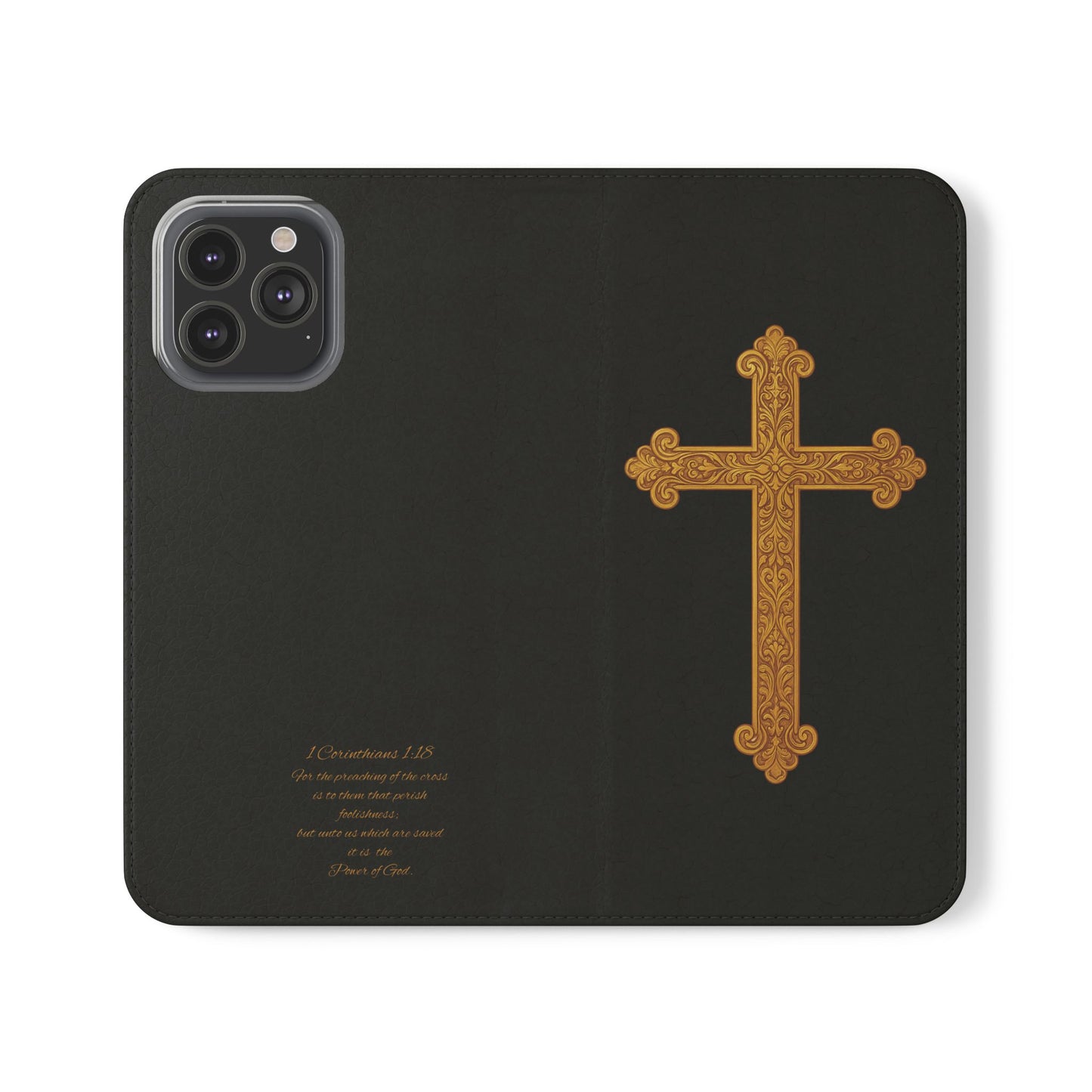 Black with Gold Cross & 1 Corinthians 1:18 - iPhone Flip/Wallet Phone Case