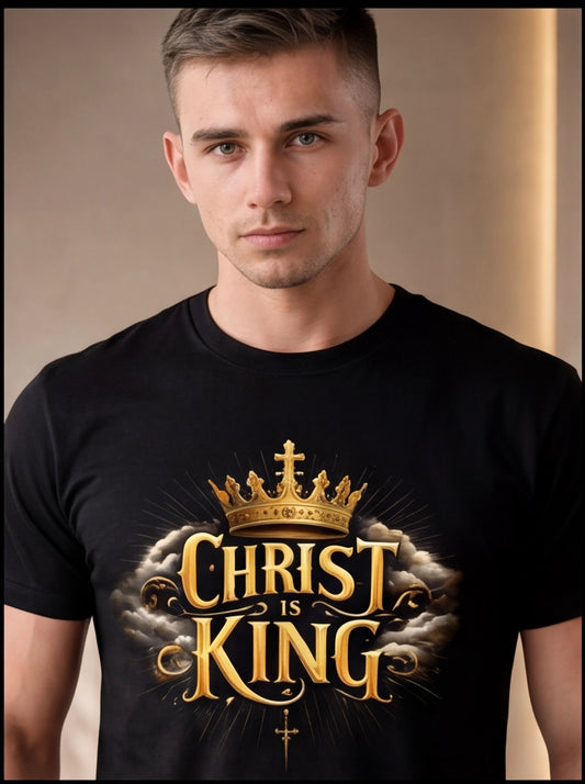 Man wearing a black t-shirt with 'Christ is King' design