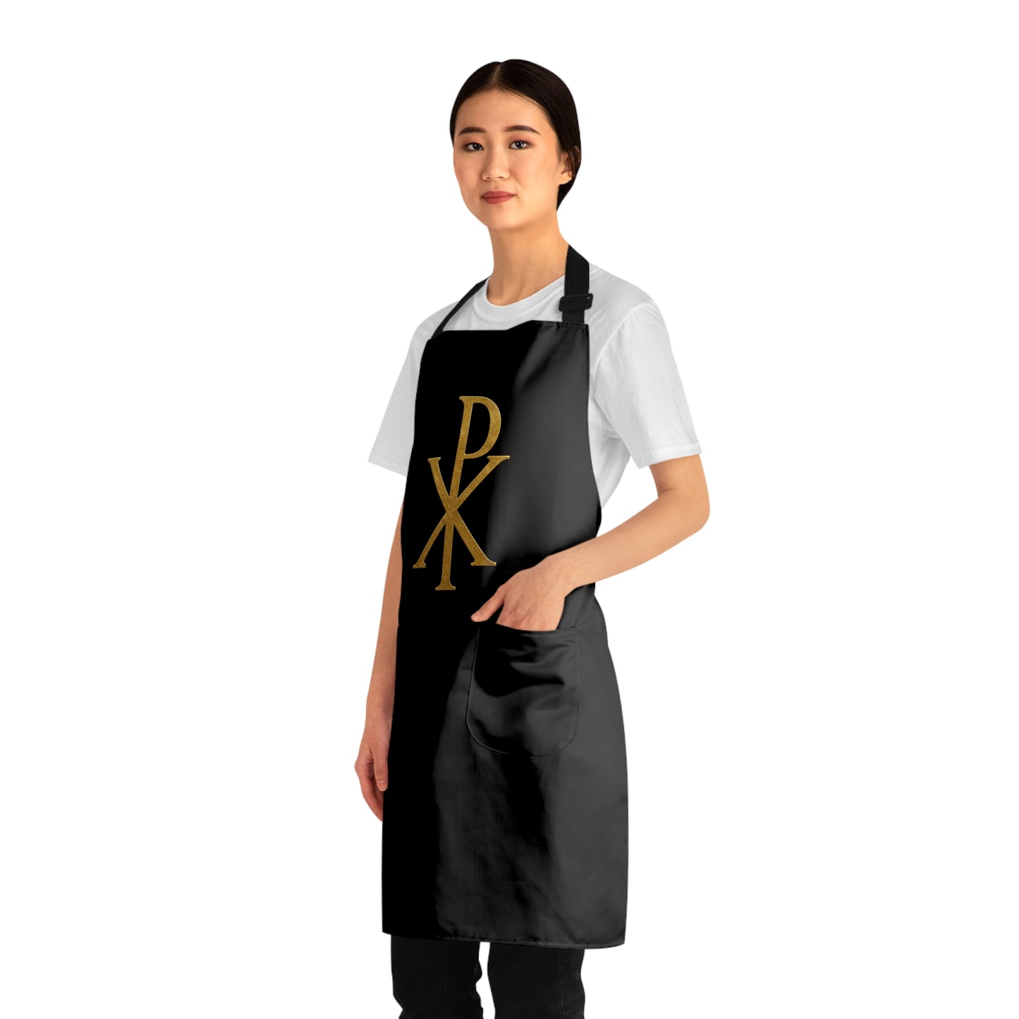 Gold Chi Rho Christian Kitchen Apron in Black – Faith & Light in Every Meal