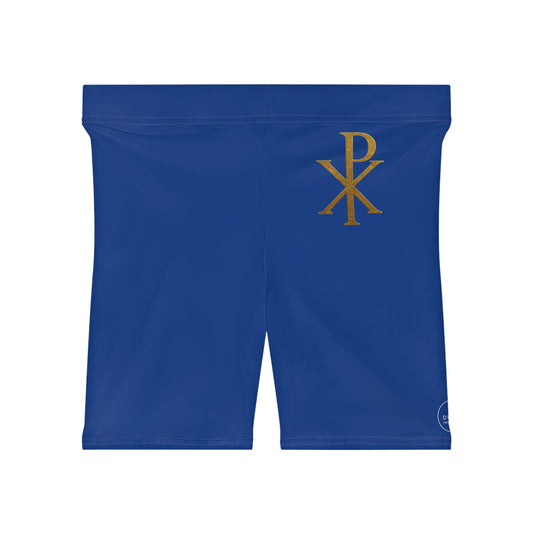 Chi Rho Women’s Biking Christian Shorts in Blue – Strength and Victory in Christ
