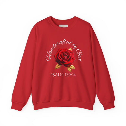 Handcrafted by God Rose Sweatshirt – White Lettering, Psalm 139:14