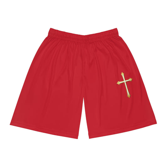 Men’s Modern Gold Cross Basketball Shorts in Red – Sleek Faith-Inspired Design