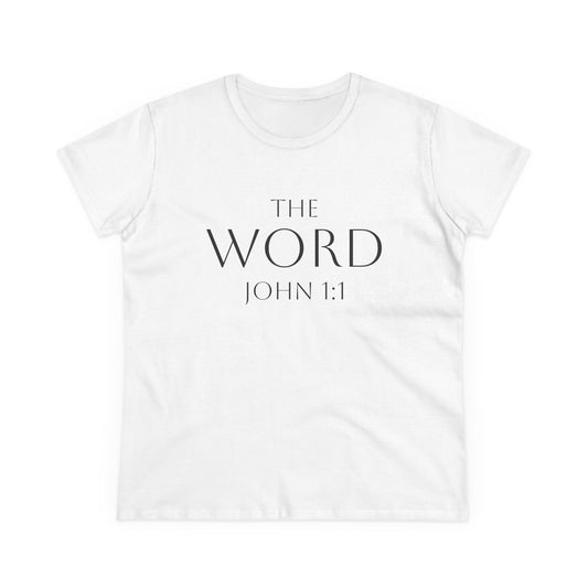 “The Word Eternal” – Women’s Christian Tee with Bold Dark Lettering (John 1:1)