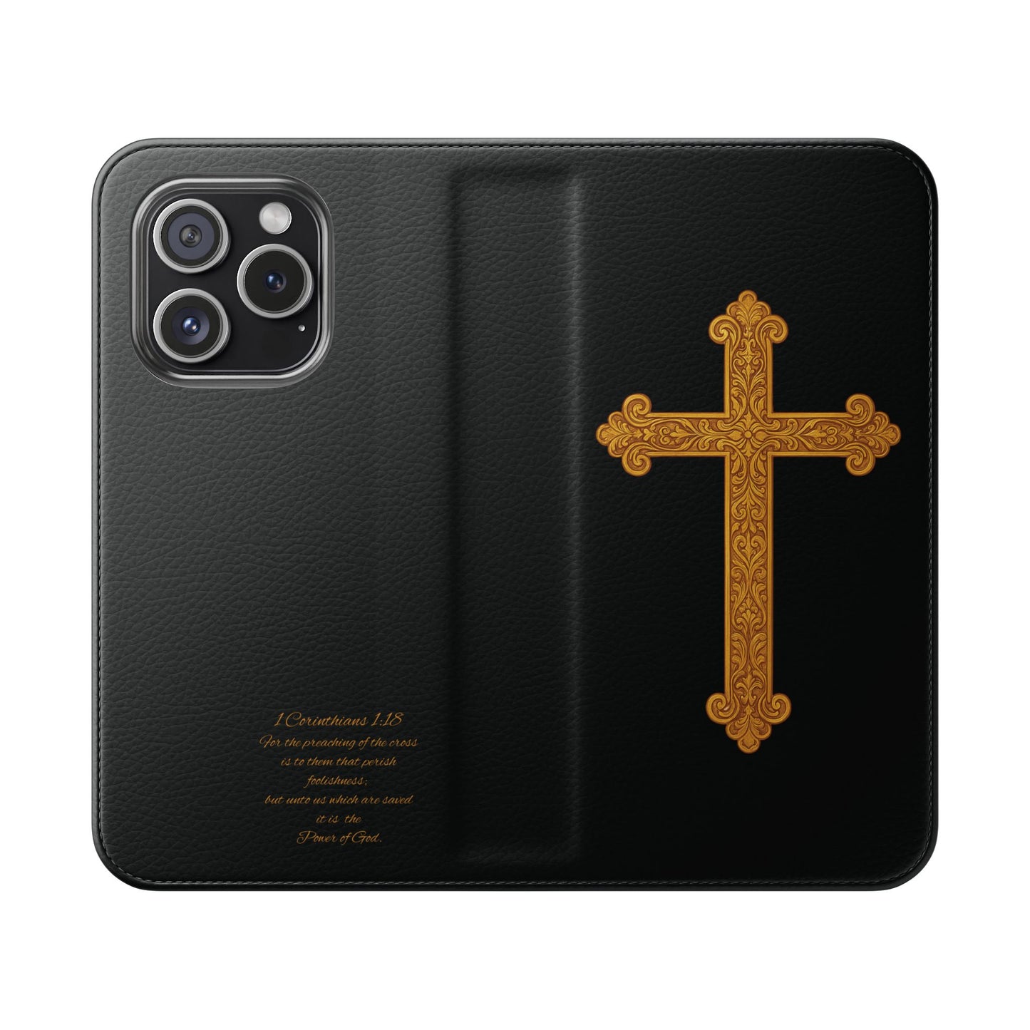 Black with Gold Cross & 1 Corinthians 1:18 - iPhone Flip/Wallet Phone Case