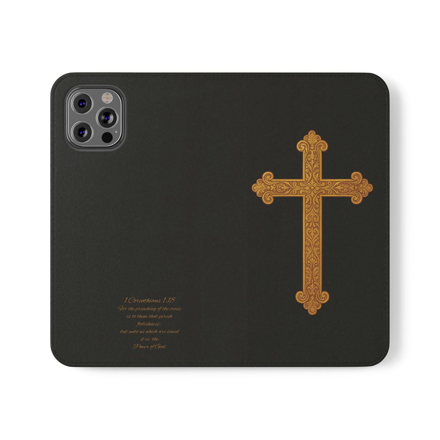 Black with Gold Cross & 1 Corinthians 1:18 - iPhone Flip/Wallet Phone Case