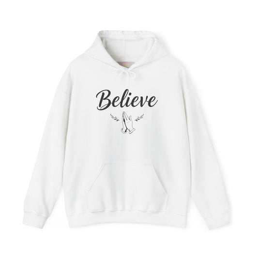 Women’s Believe Christian Hoodie – Praying Hands & Romans 10:9