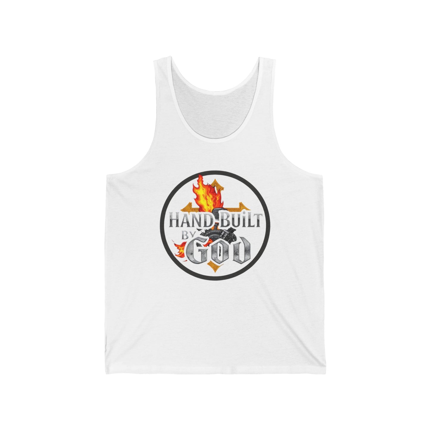 Men’s Christian Tank Top – Hand Built By God – Fire, Cross & Engine Design