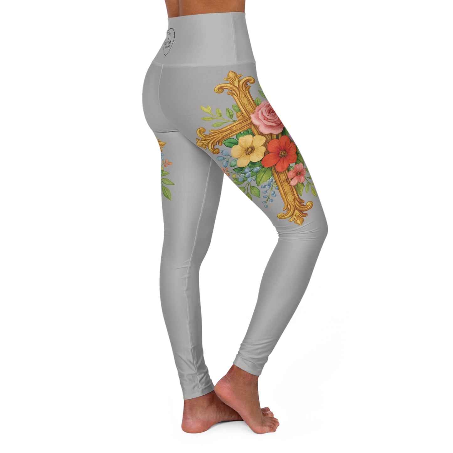 Floral Cross Graceful Fit High-Waisted Leggings in Grey - Christian Women's Apparel