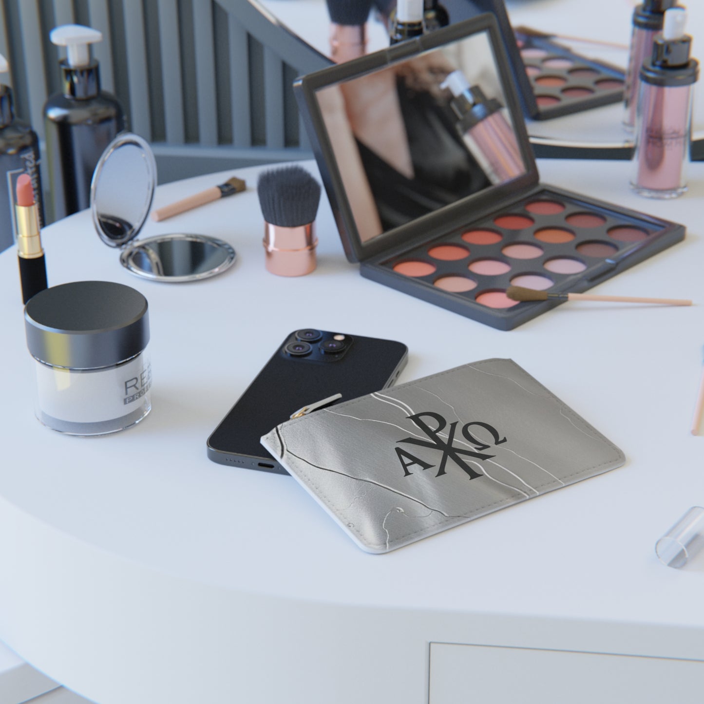 “Eternal Authority” | Women’s Mini Clutch – Black Chi Rho on Molten Silver