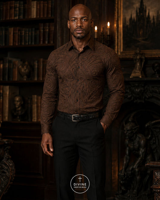 A man wearing a brown long-sleeve button-down shirt with an intricate paisley-like embossed pattern, paired with black trousers, standing in a dark, vintage-filled room with bookshelves and candles.