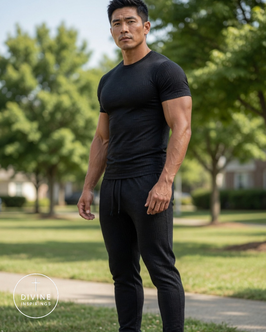 A muscular man wearing a tight black short-sleeve t-shirt and matching black jogger pants stands outdoors on a paved path in a park with green trees in the background.