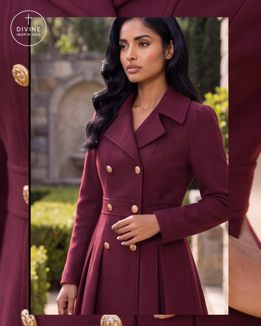A woman wearing a long-sleeve double-breasted coat in deep burgundy with prominent gold buttons, set against an outdoor stone garden background. The Divine Inspirings logo is visible in the top left corner.